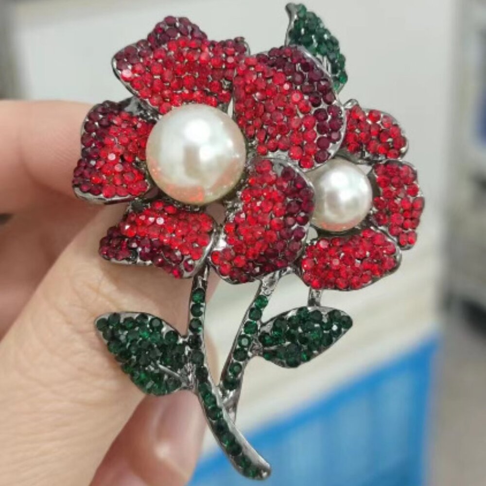 Red Floral Flower Sparkle Brooch